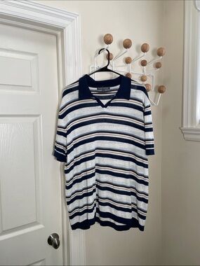 Slate & Stone Linen Blend Old Money Preppy Polo - Navy / Cream - XL